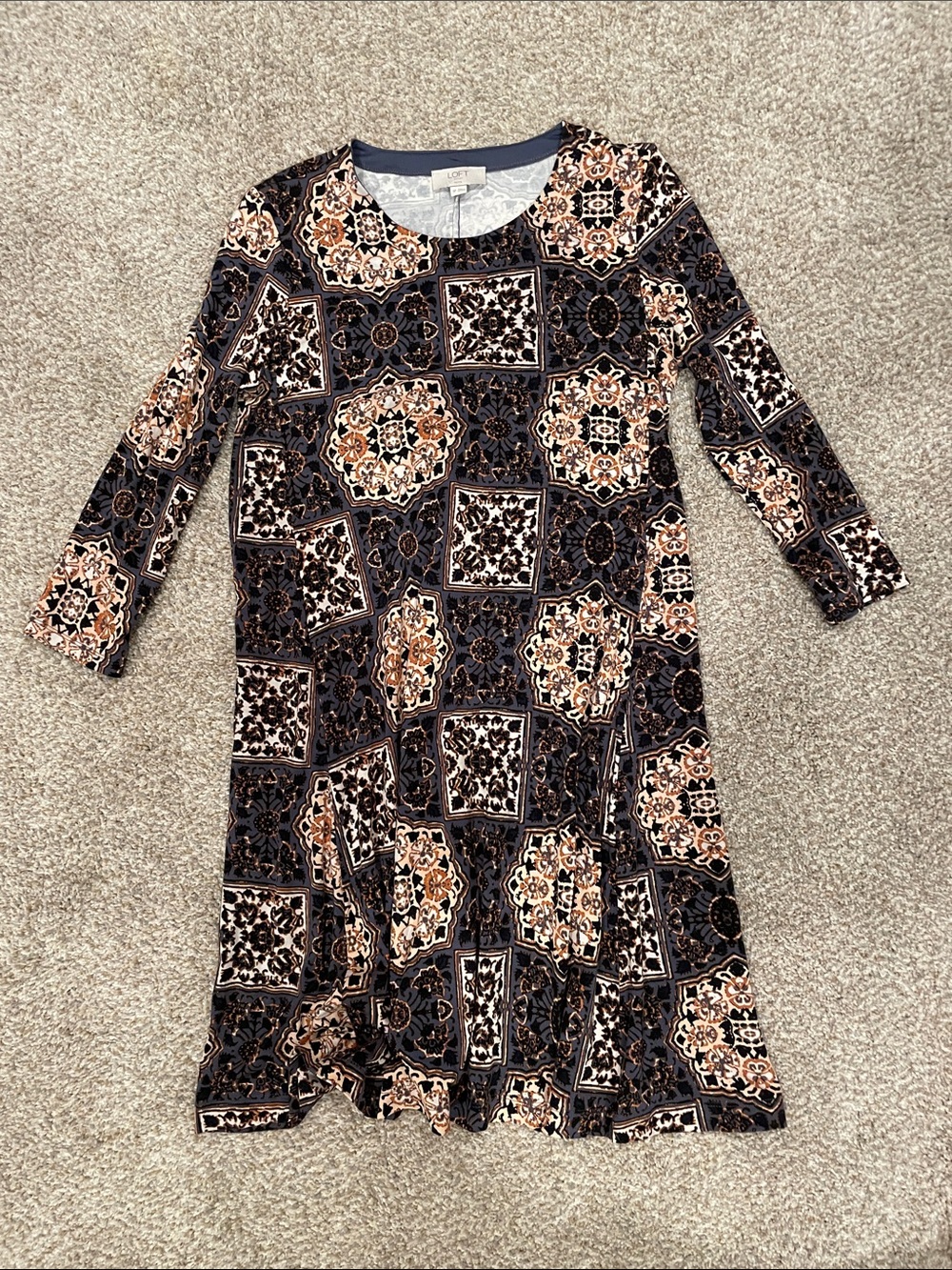 LOFT Navy and Peach Tile-Print Long Sleeve Dress